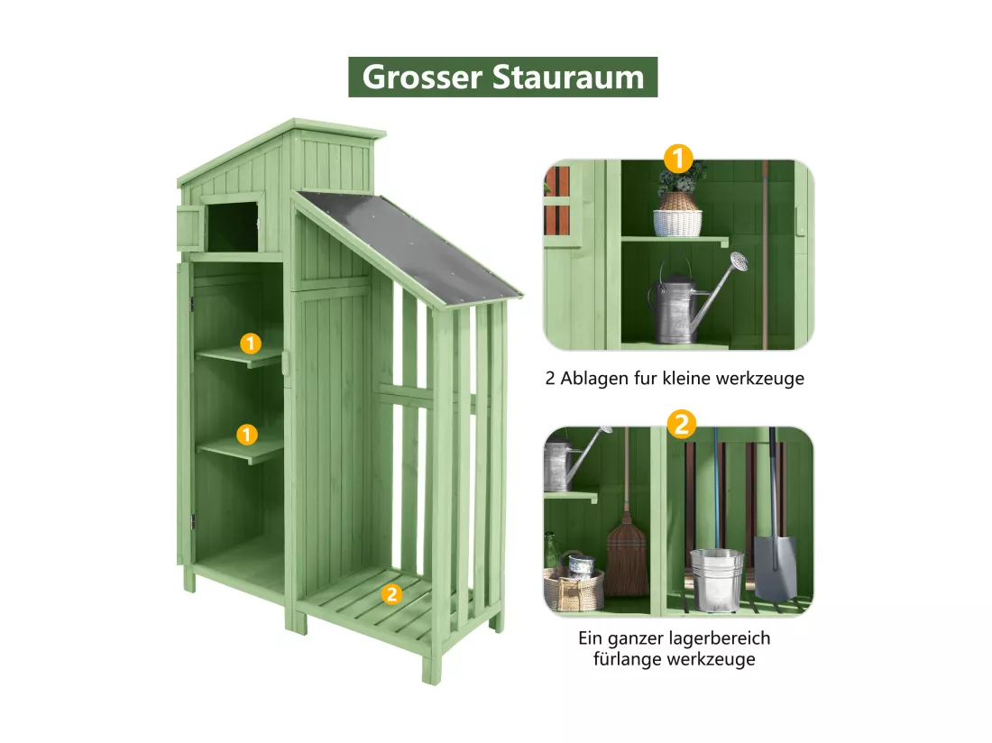 Abri de jardin en bois massif avec toit pente en PVC - 2 étagères 3 portes loquets - L124 x P46 x H174 cm - Vert