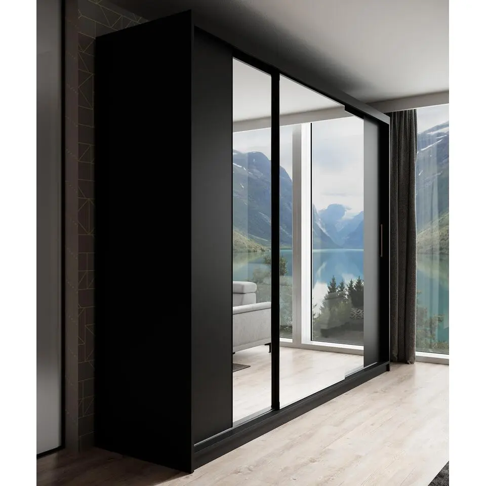 Meubella - Kledingkast Mandalin - Zwart - 250 cm - Met spiegel