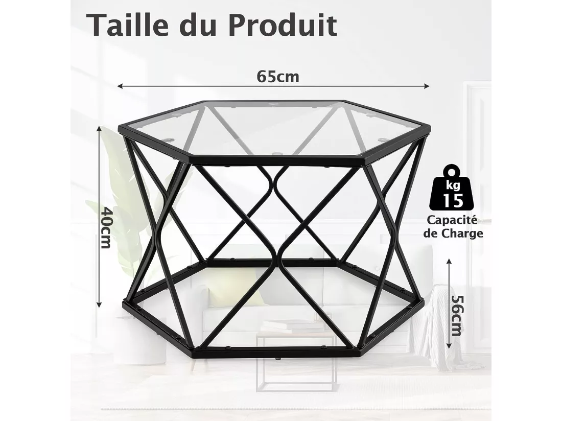 Table Salon Basse avec Plateau en Verre Trempé, 65 x 56 x 40cm, Noir