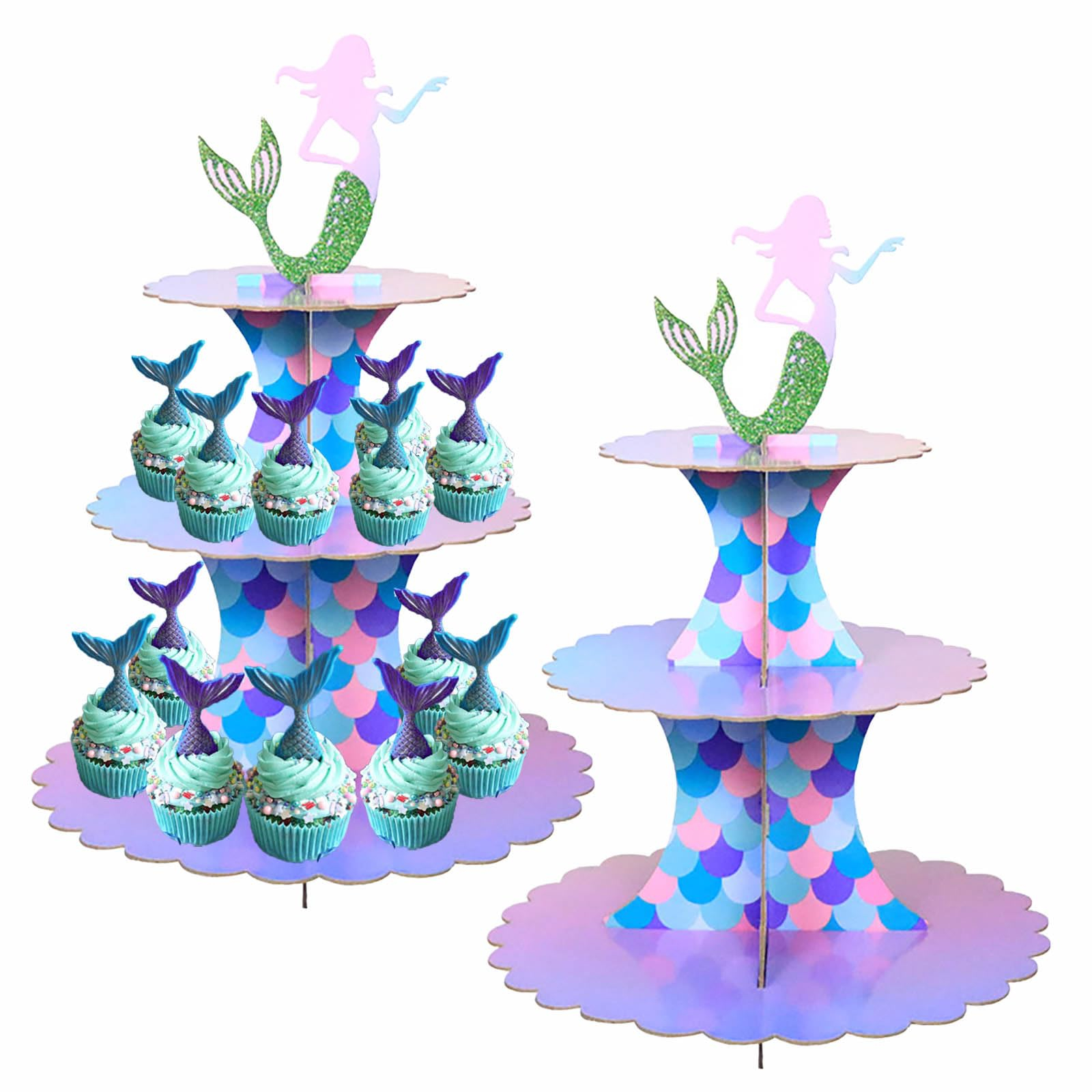 (2er Set) 3 Etagen Karton Cupcake Etagere Muffin Ständer Meerjungfrau Kinder Geburtstags Servierständer - Lila