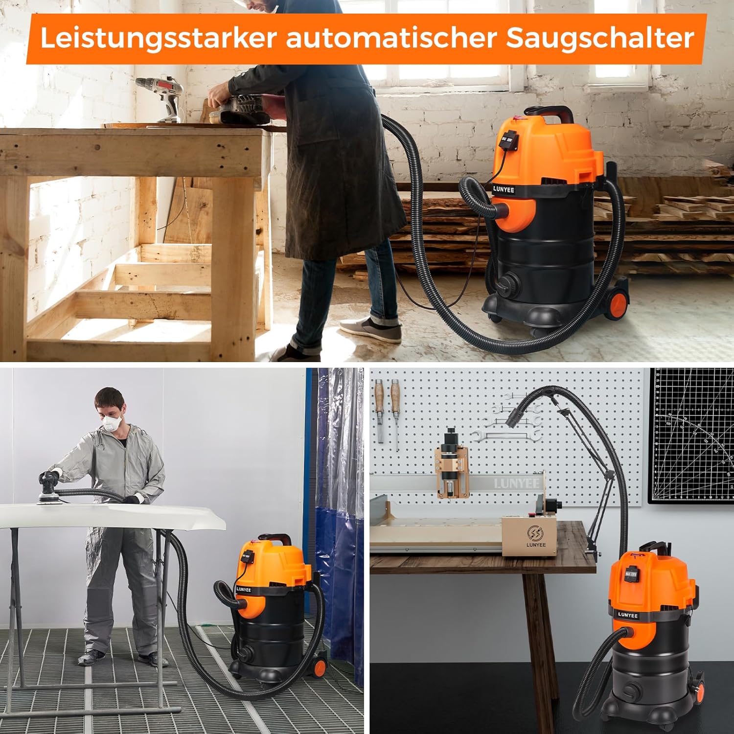 LUNYEE 19KPa Industriestaubsauger mit Einschaltautomatik 30L,1800W Industriesauger Beutellos mit Automatischem Vakuumschalter Zyklon-Staubabscheider Werkstattsauger für CNC-Maschine(Orange)