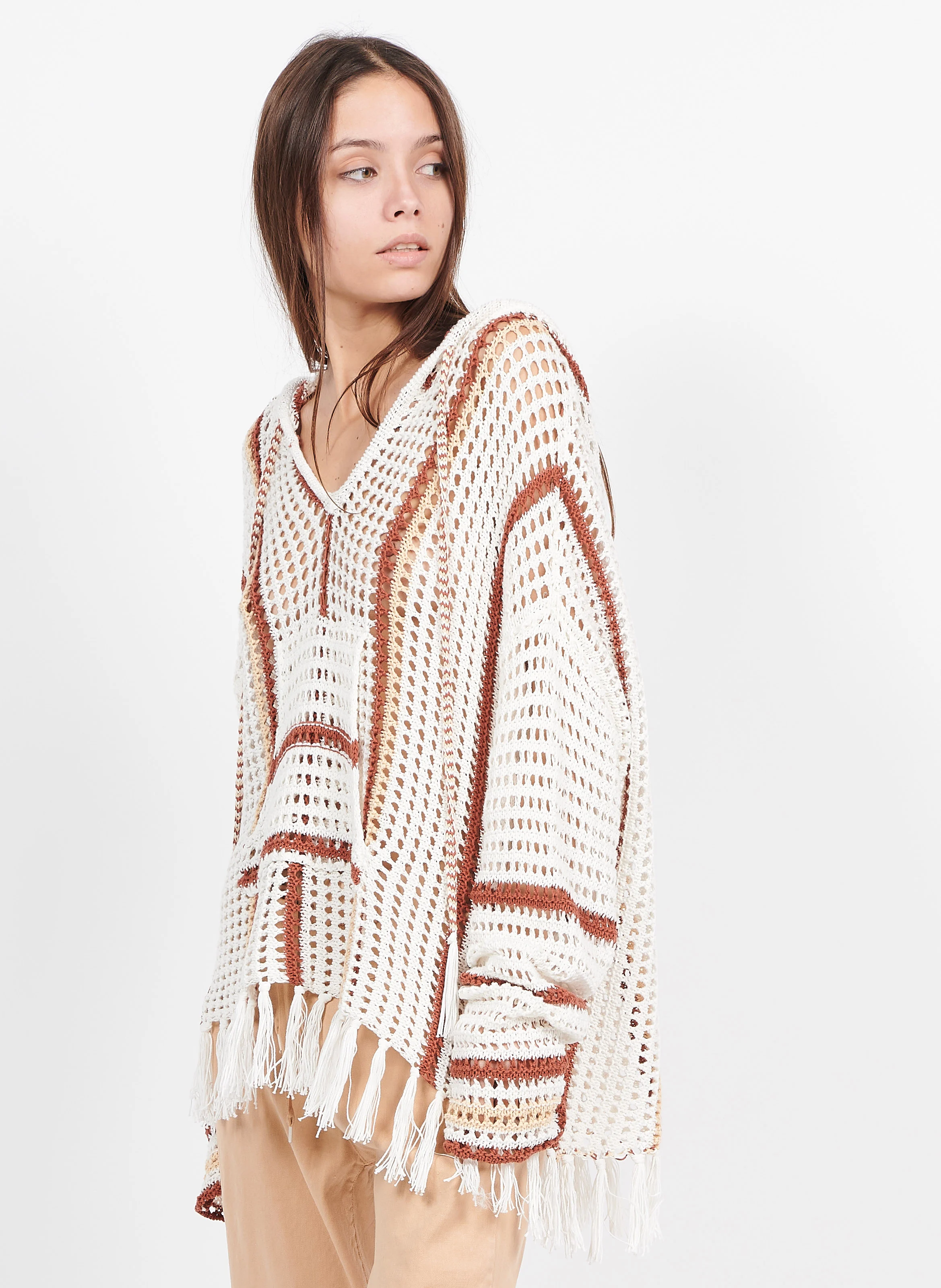 STELLA - Pull en crochet à rayures en coton| Beige
