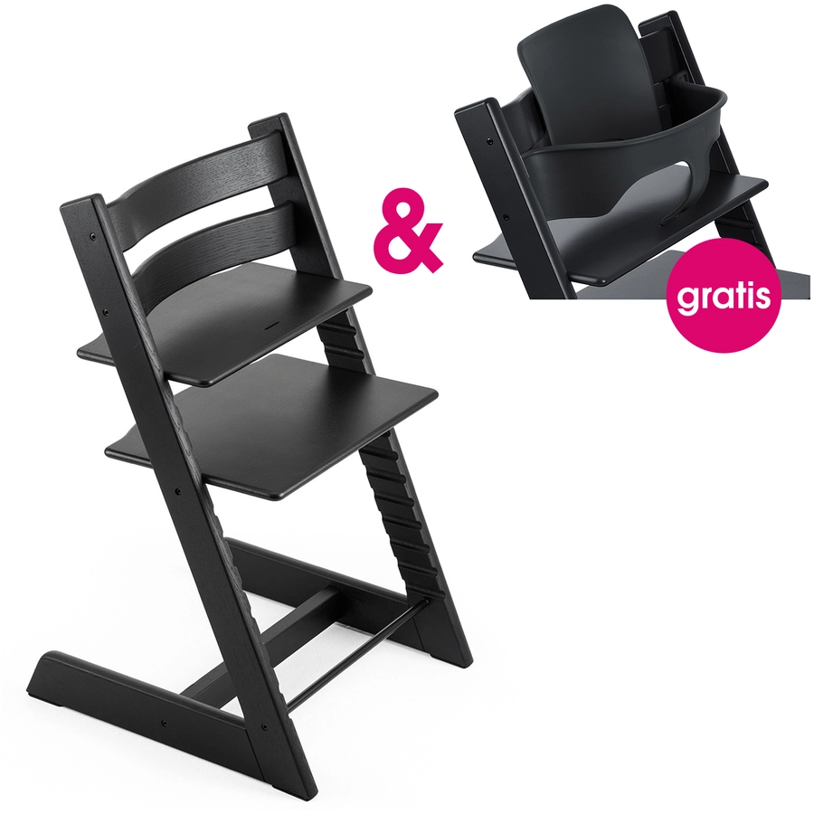 STOKKE® Tripp Trapp® Hochstuhl Oak schwarz + gratis Baby Set schwarz