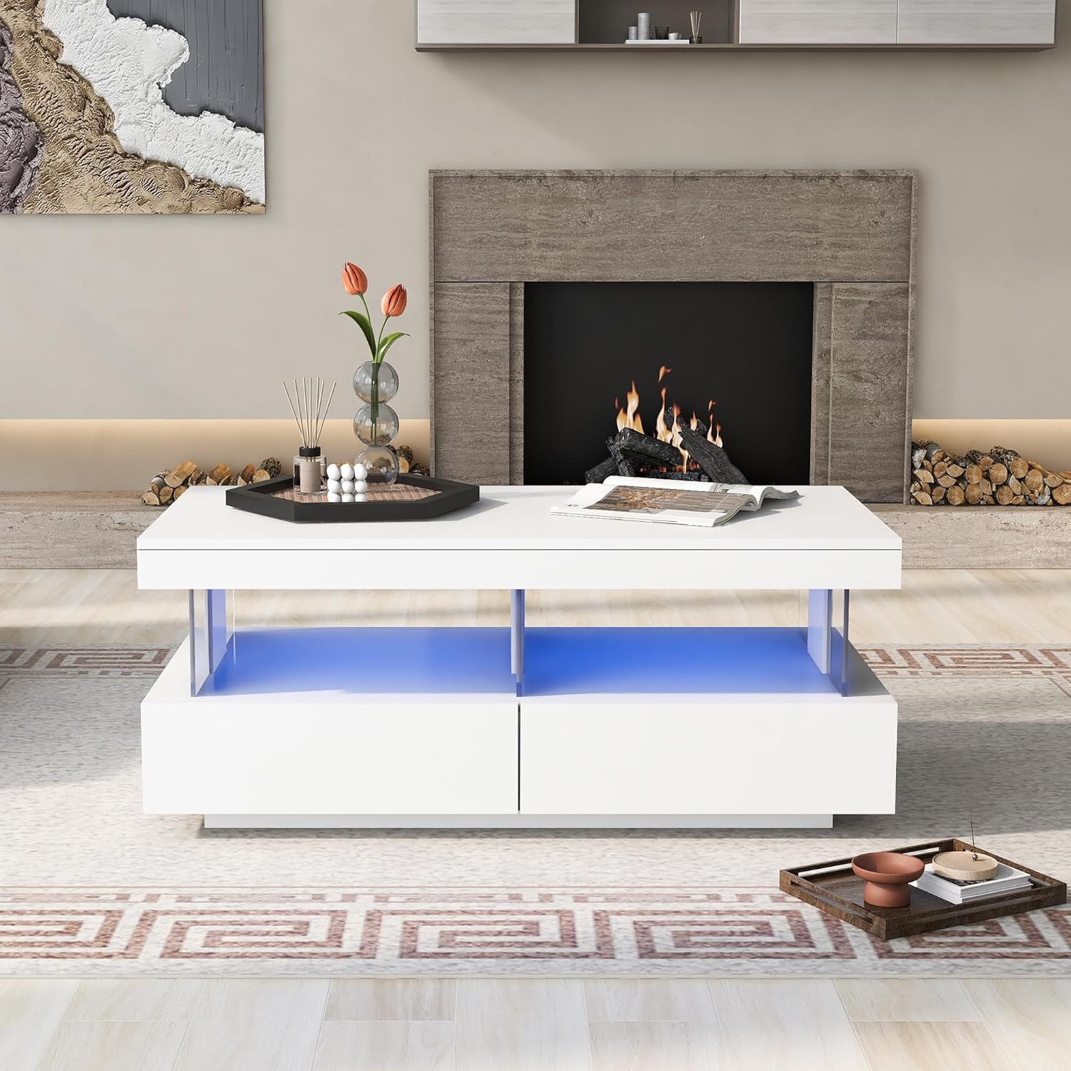 Merax Hochglanz Couchtisch mit LED-Beleuchtung und Acrylplatten – Moderner Sofatisch für Wohnzimmer – Langlebig, Kratzfest und praktisch Weiß