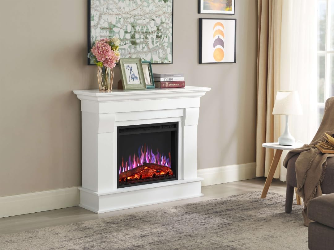 Elektrokamin Albion AF24, Elektrischer Standkamin mit Heizung 1800 W, realistischer 3D-Flammeneffekt, LED-Beleuchtung, Fernbedienung, Timer, Thermostat, Knistereffekt, MDF (Weiß)