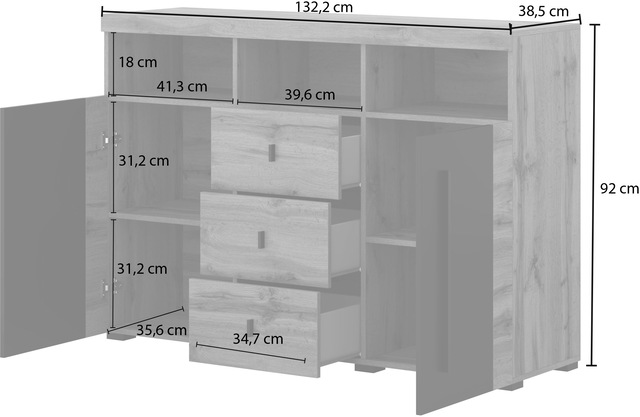 INOSIGN Sideboard »Roger,Breite 132cm, stilvolle Schrank, 2 Holztüren 3 Schubladen« Kommode mit viel Stauraum, Einlegeböden verstellbar