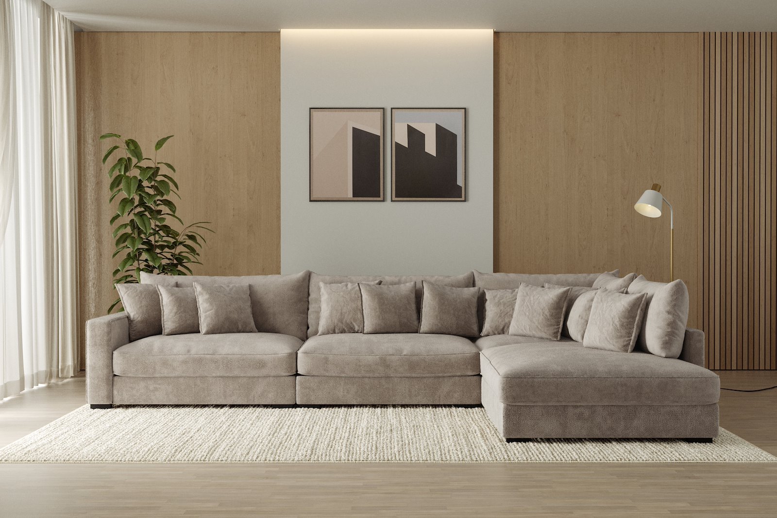 Rossi Lux 4-seter med åpen ende høyre Tekstil Genesis 4 Beige, arm B med sorte ben. Lux Komfort.
