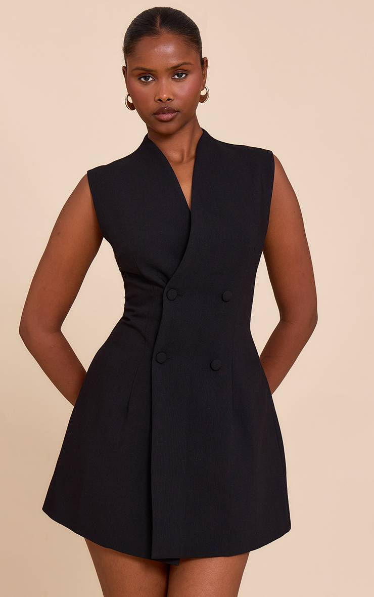 Noir Robe Mini Boutonnée Sans Col En Tissu Tissé