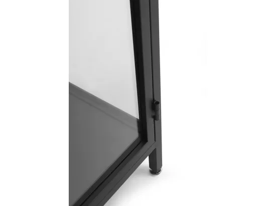 Vitrine avec portes et côtés en verre, structure métallique noire