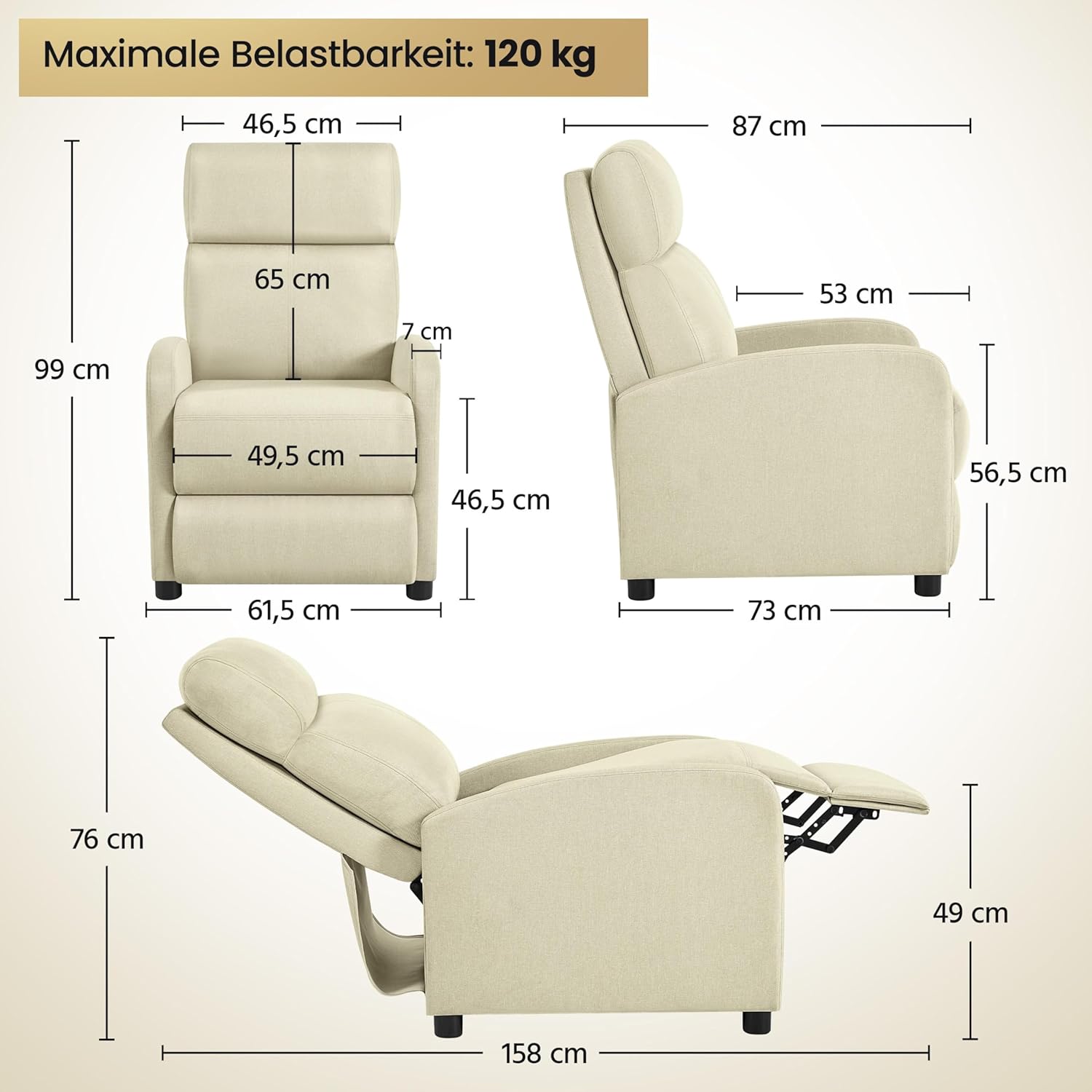 Yaheetech Relaxsessel Fernsehsessel Einzelsofa Ruhesessel mit Verstellbarer Beinablage Liegesessel aus Leinenstoff Beige