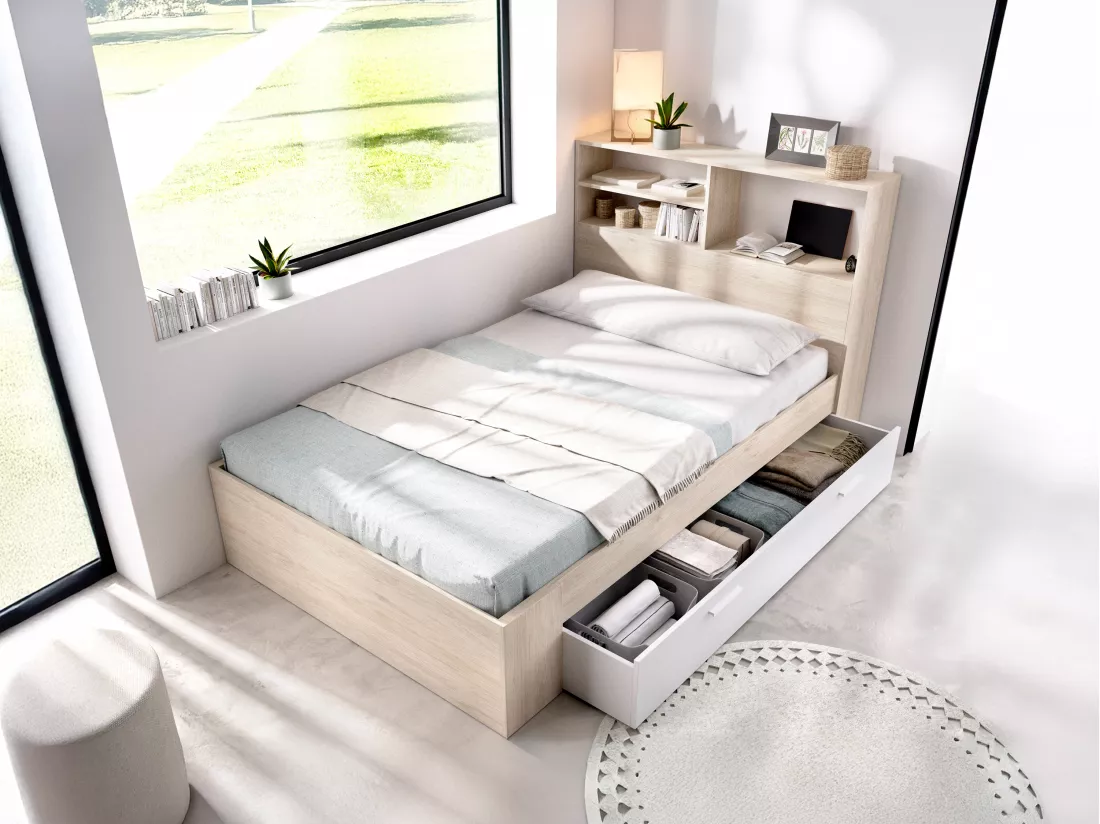 Lit 120 x 190 cm avec rangements - Coloris : Naturel et blanc - VARDIEL