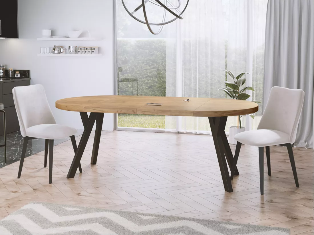 Table à Manger Extensible Ronde Designer - Style Loft, Industriel, Peu Encombrant - Pieds Noirs - 100 à 200 Cm - Pour 5-10 Personnes - Fabriqué En Ue - Chêne Wotan