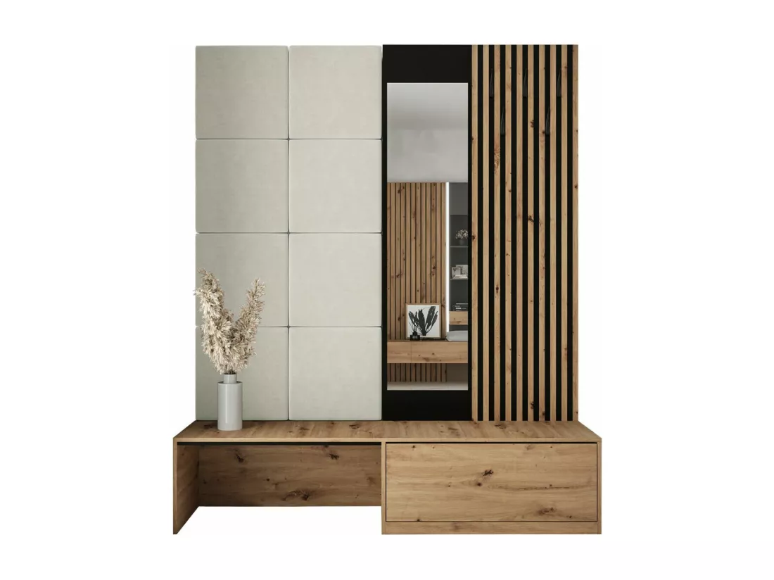 Meuble d'entrée Hartford 322, 205x172x42cm, Miroir, Noir|Chêne Artisan, À poser