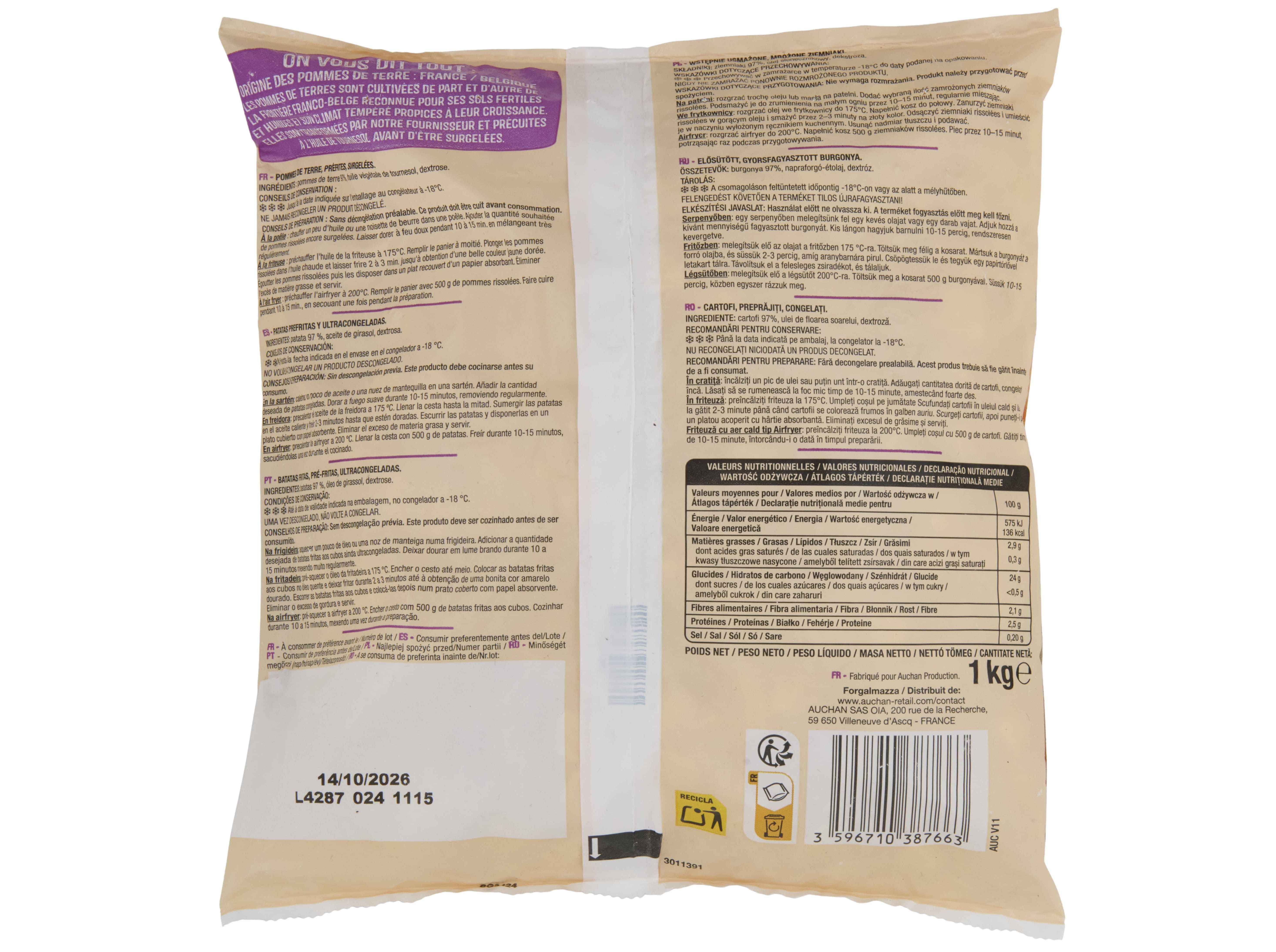 BATATAS PRÉ-FRITAS AUCHAN CUBOS ÓLEO GIRASSOL 1KG