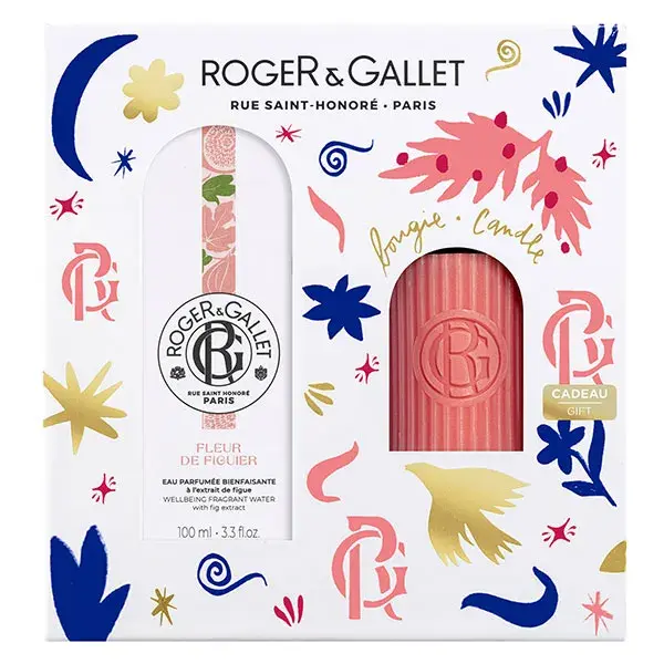 Conjunto de presente Roger & Gallet: Óleo essencial de flor de figo aquático com aroma benéfico (100ml) e vela perfumada.