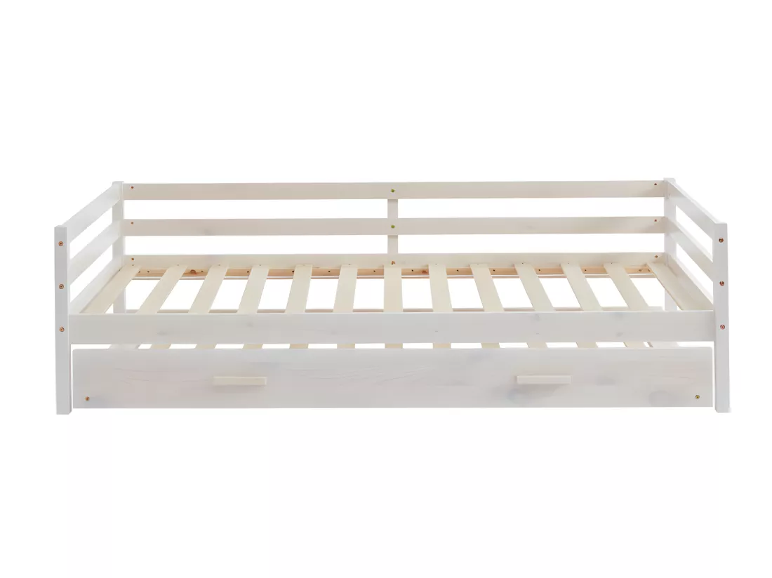 Lit gigogne AEDAN II - 2 x 90 x 190 cm - Pin massif et MDF - Blanchi + matelas