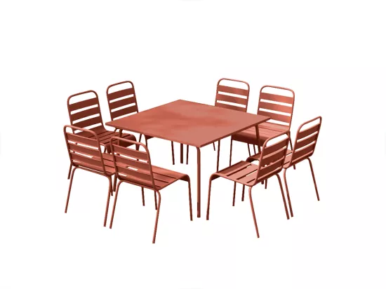 Salle à manger de jardin en métal - une table L.120 cm et 8 chaises empilables - Terracotta - MIRMANDE de MYLIA