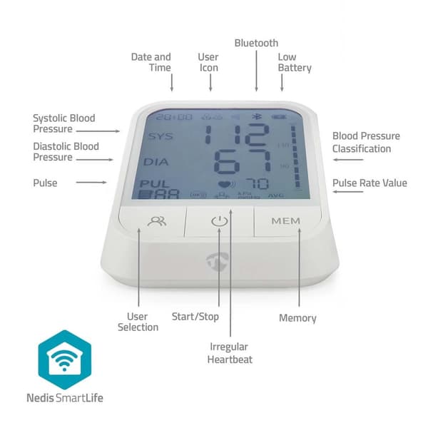 Nedis Smartlife Blodtrykksmåler | Væpne | Bluetooth® | LCD-Skjerm | 22 - 42 cm | Deteksjon av uregelmessig hjerteslag / Deteksjon for mansjettbruk / H