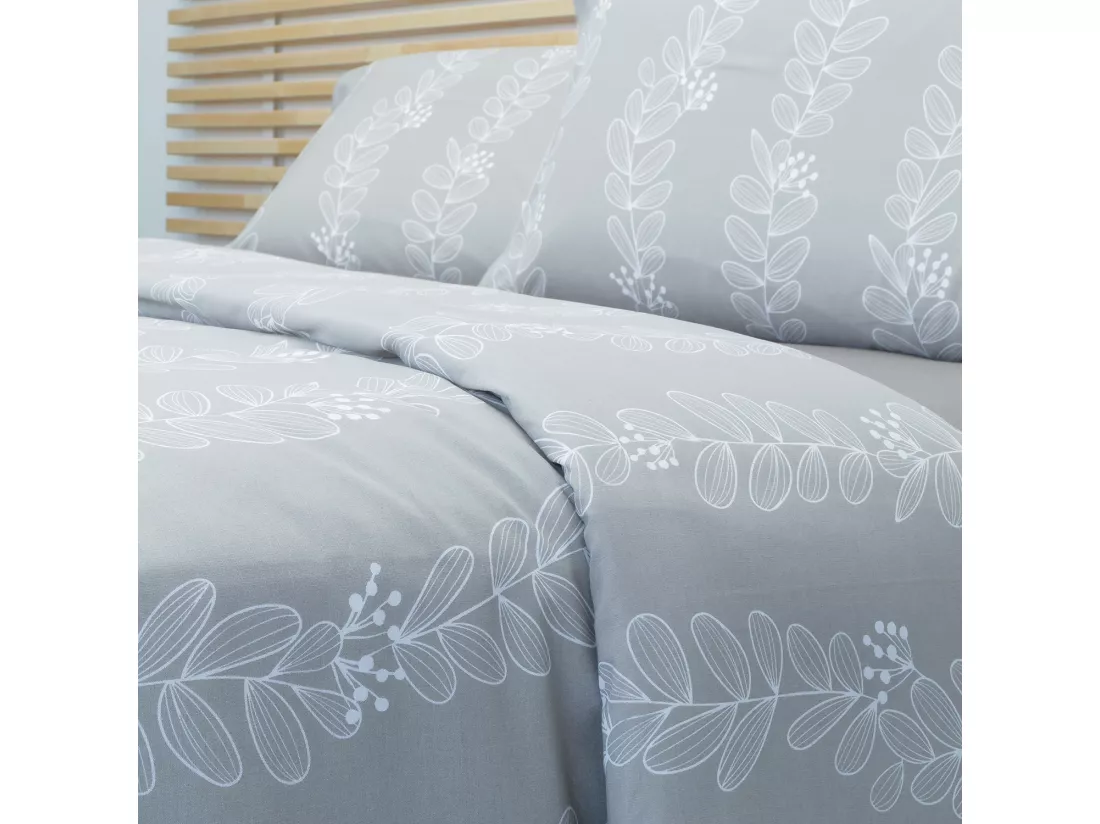 Jeu de housse de couette 50% coton imprimé feuilles Gris