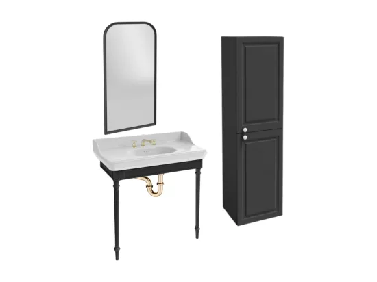 Console JACOB DELAFON Cléo 1889 avec plan vasque 3 trous + colonne droite + miroir + mélangeur croisillon lavabo or + siphon or