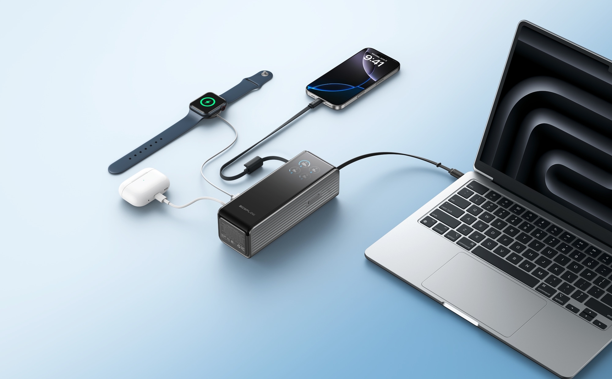 EcoFlow Rapid 25K USB-C Powerbank 25 000 mAh / 170 W mit 2 integrierten 100 W Kabeln silber