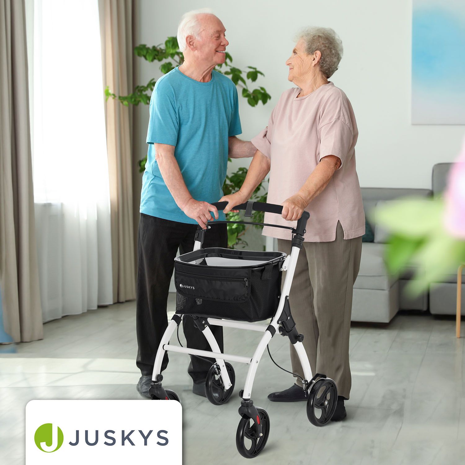 Juskys Aluminium Wohnungsrollator Aktiv - Tasche & Tablett - Rollator schmal & faltbar - Weiß