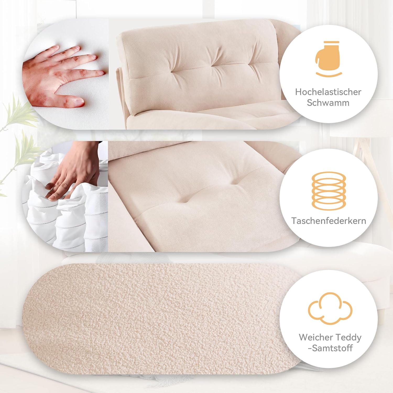 Luxuriöses Sofa in Wolkenform, 201cm Bequemes Teddy-Samtstoff Sofa mit großen Sitzkissen und Rückenlehne, Modernes Polstersofa, Getuftetes Kleine Couch für Wohnzimmer/Schlafzimmer/Büro/Wohnung, Beige