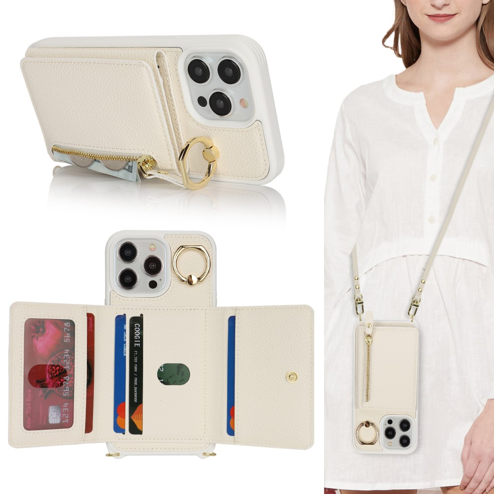 iPhone 15 Pro Max Necklace Leder Hülle mit Münzfach und Kartenfächer   Finger Griff Halterung   Handykette - Weiss
