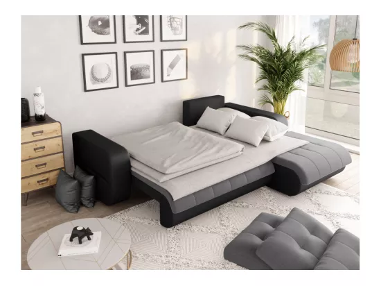 Canapé d'Angle Droit 4 places Suzie Convertible en Simili et Microfibre - Gris et Noir - L246 x 188 x 80cm - Loungitude