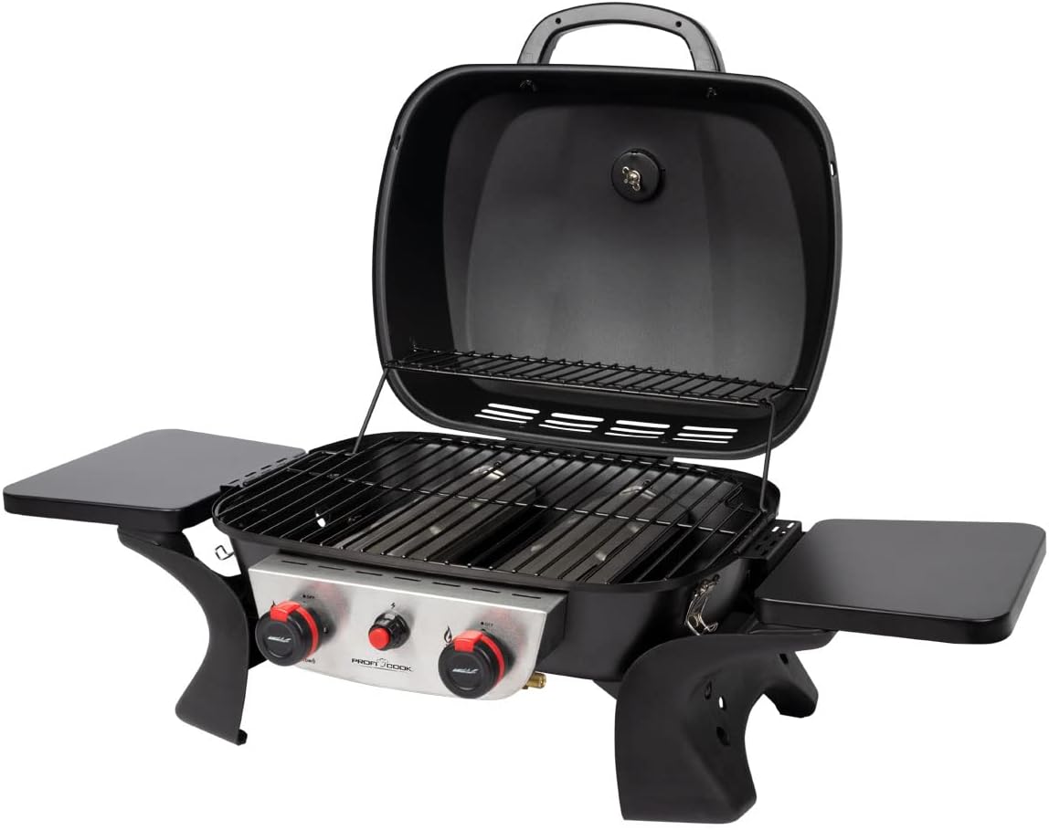 ProfiCook Gasgrill mit 2 Edelstahlbrennern | Tischgrill inkl. Gasdruckminderer & Gasschlauch | Grill mit Stabiler Metallhaube & Temperaturanzeige | Gasgrill klein für Balkon & Camping | PC GG 1261