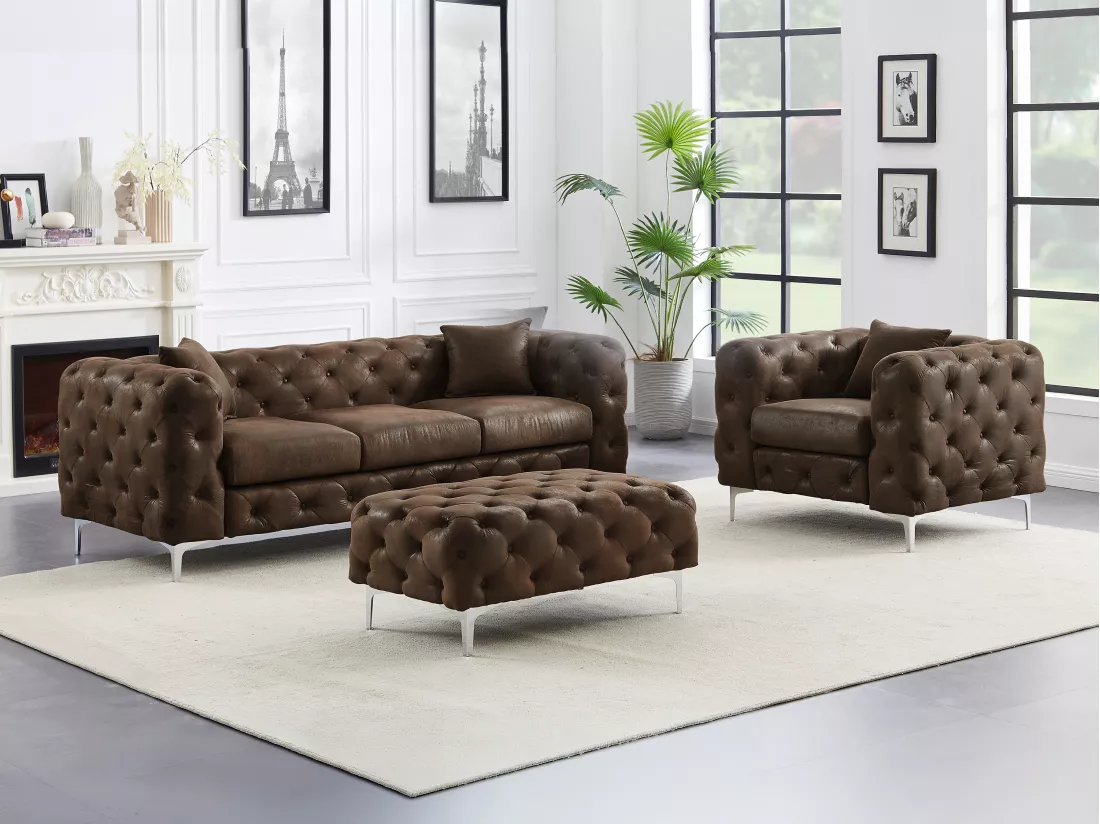 Pouf chesterfield en microfibre aspect cuir vieilli EDWINA
