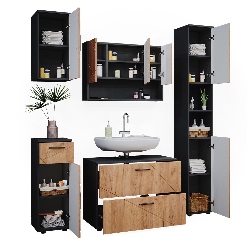 Vicco Badmöbelset Irma Anthrazit Eiche modern 80 cm 30 cm Badezimmerschrank Badschrank Badezimmermöbel Waschtischunterschrank Spiegelschrank Hochschrank Midischrank Hängeschrank Tür Schublade
