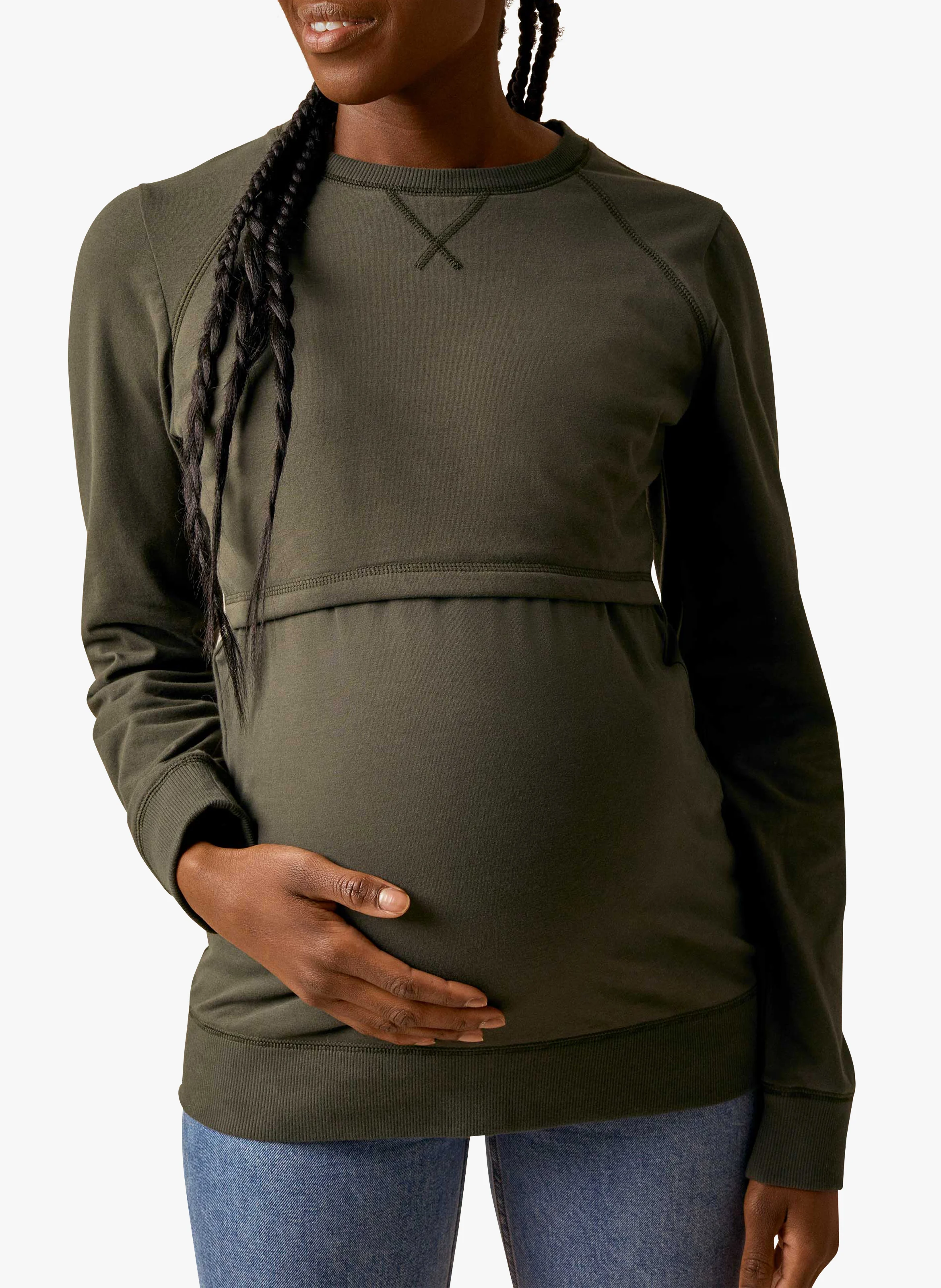 Sweat de grossesse et d'allaitement col rond en coton bio mélangé| Kaki
