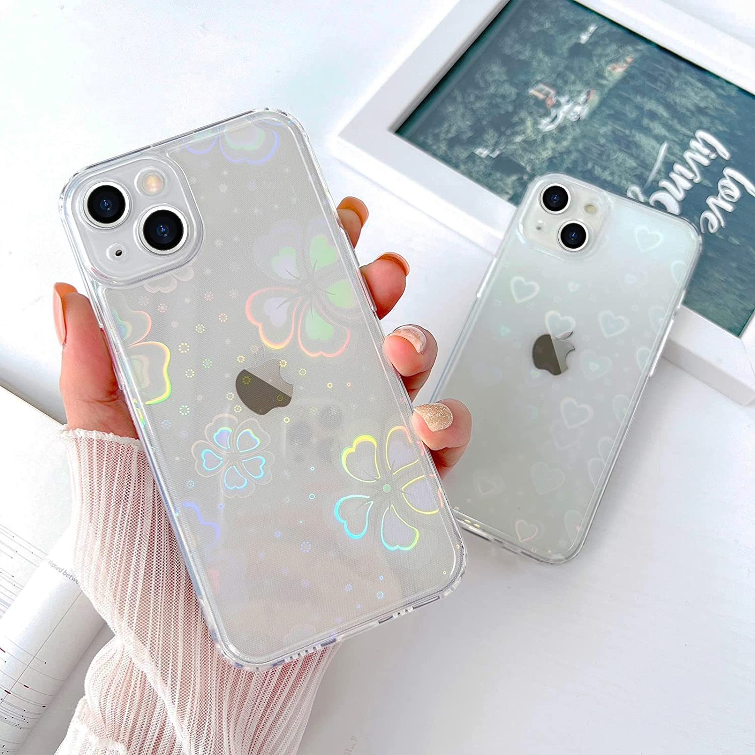 iPhone 14 Hybrid Hülle TPU Bumper   Laser Hologramm Glitzer Herze - Transparent