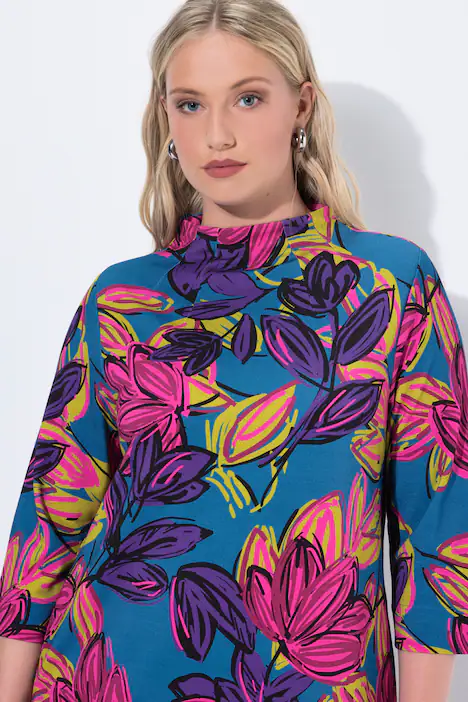 Punto-Kleid, Blüten, Stehkragen, 3/4-Arm, Taschen, petrolblau
