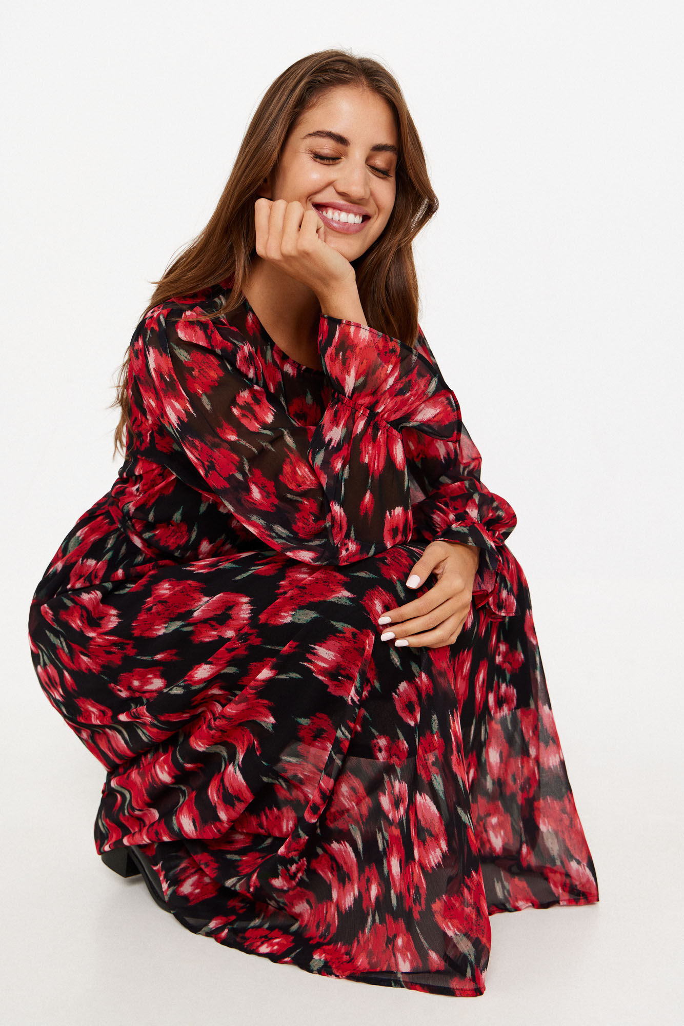 Vestido longo com gola redonda