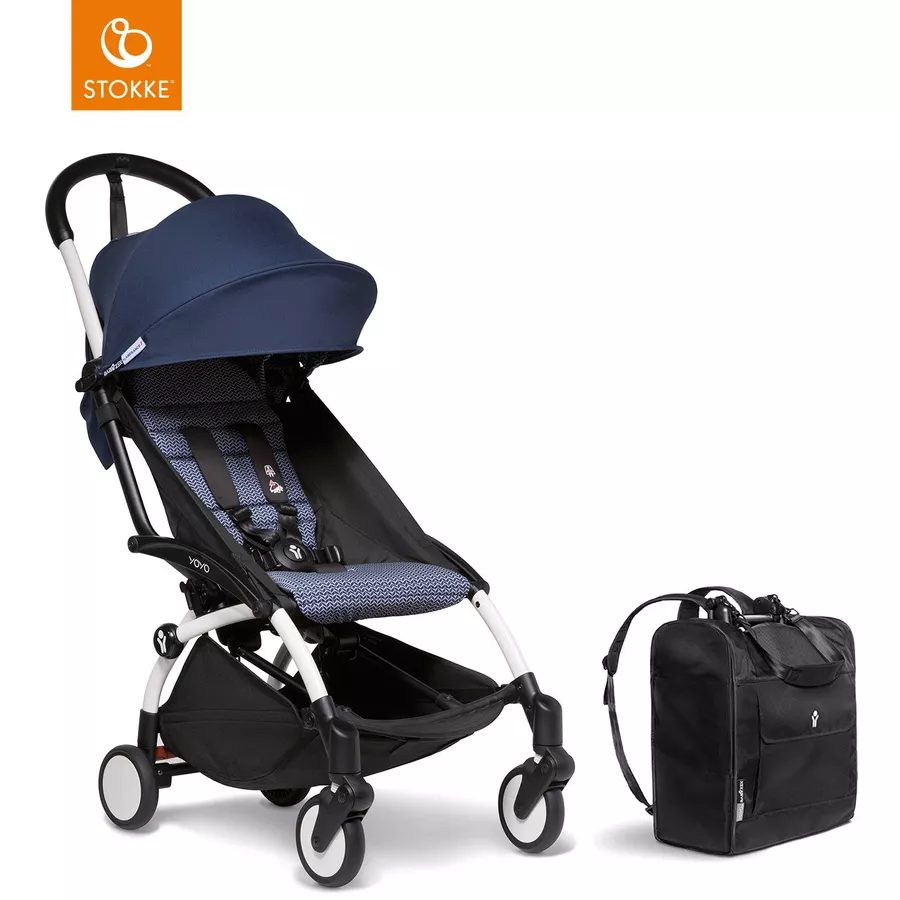 BABYZEN Kinderwagen YOYO2 6+ White mit Textilset Air France Blue und Backpack YOYO Black
