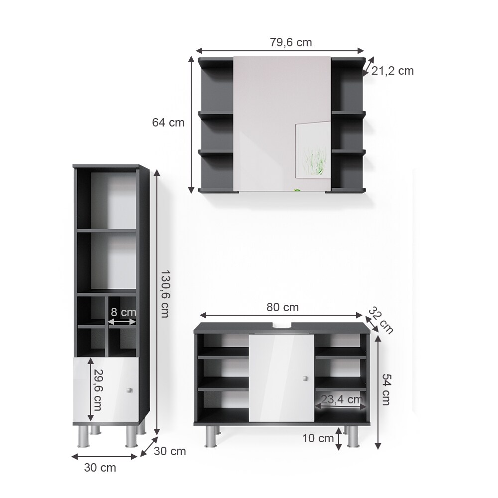 Vicco Badmöbel Set 3tlg Fynn Spiegelschrank Waschbeckenunterschrank Hochschrank