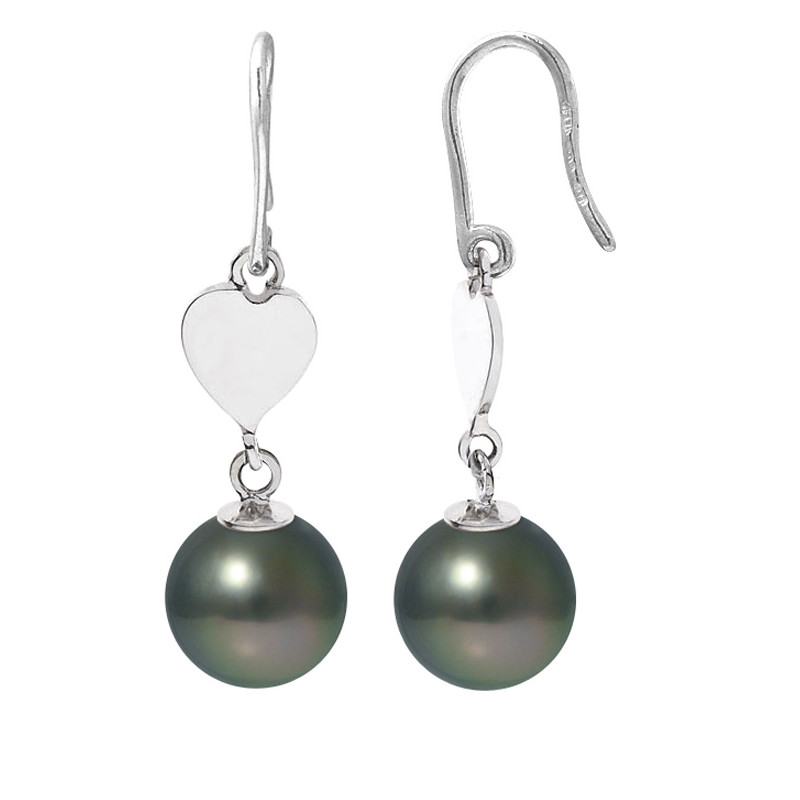 Boucles d'Oreilles Coeur Pendantes Perles de Tahiti et Argent 925/1000