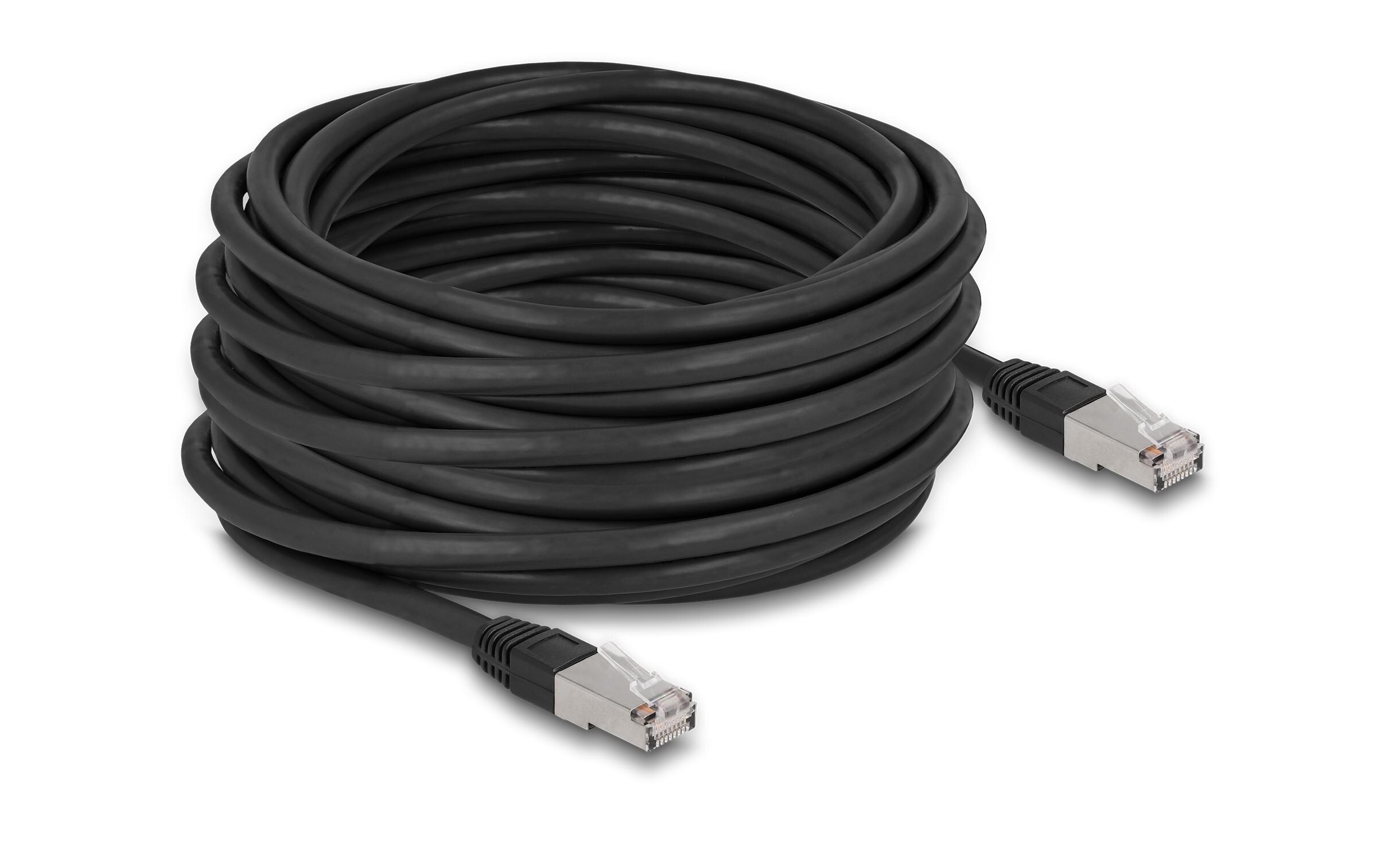 Patchkabel Outdoor Cat 6A, S/FTP, 15 m, SchwarzDelock RJ45 Netzwerkkabel Cat.6A S/FTP PE Outdoor 15 m schwarz