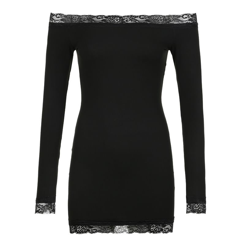 Genrovia - Mini-jurk met lange mouwen, off-shoulder, effen paneel en kant
