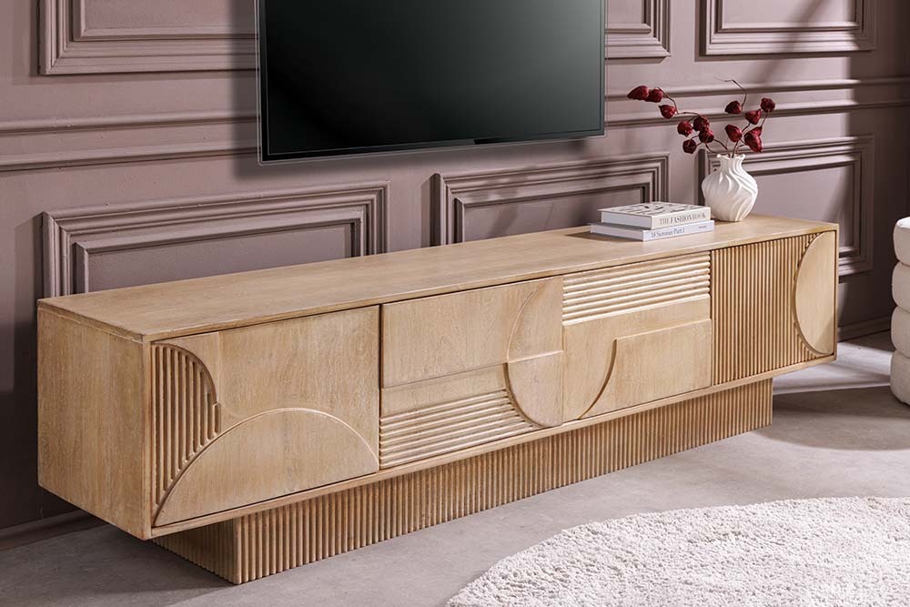 Massives TV-Board ART DECO 200cm weiß gekälkt Mangoholz 3D-Front handmade Lowboard