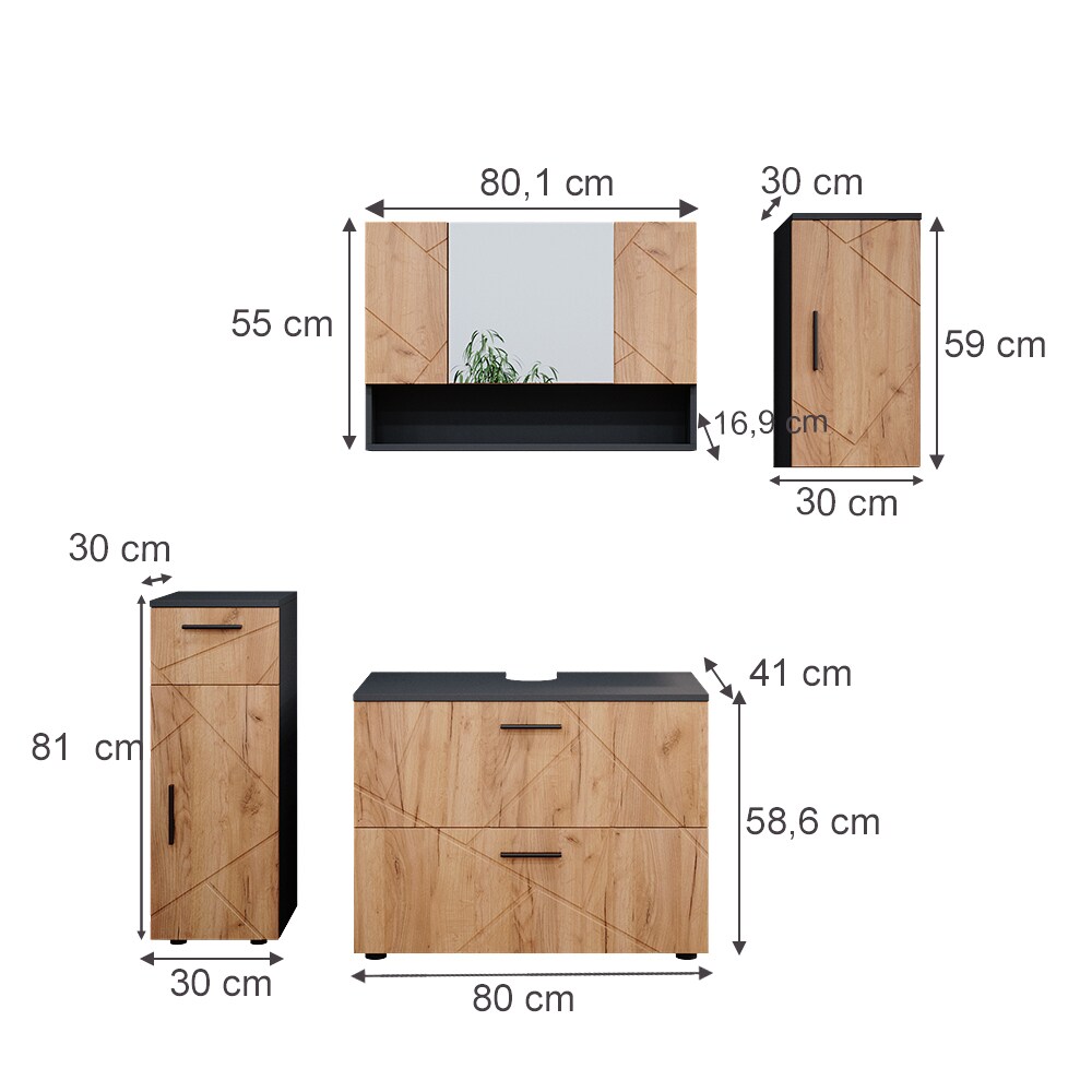Vicco Badmöbelset Irma Anthrazit Eiche modern 80 cm 30 cm Badezimmerschrank Badschrank Badezimmermöbel Waschtischunterschrank Spiegelschrank Midischrank Hängeschrank Schranktür Schrankschublade