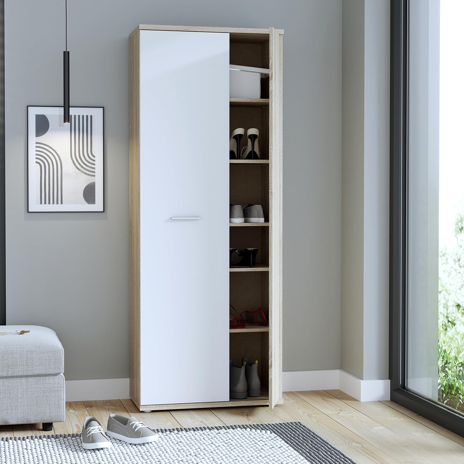 FORTE NET106 Schrank 70, Schuhschrank, Garderobenschrank, Abstellraum, Drehtürenschrank, 2-türig mit Einlegeböden, Weiß mit Holzdekor: Sonoma Eiche, 69 cm breit x 179 cm hoch x 35 cm tief