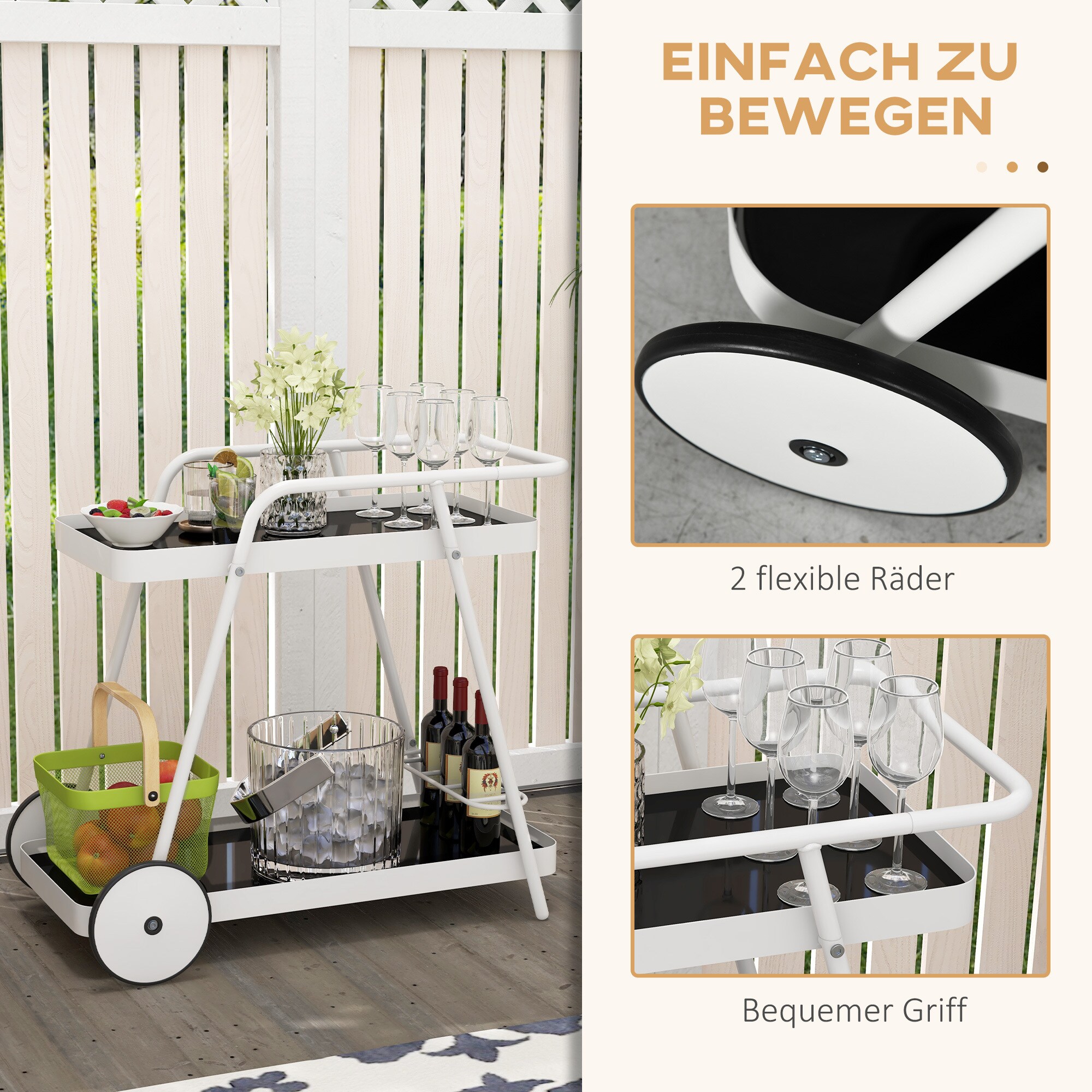 Outsunny Gartenwagen mit 2 Ebenen, Griff und Rollen schwarz, weiß 86,5L x 51B x 78H cm
