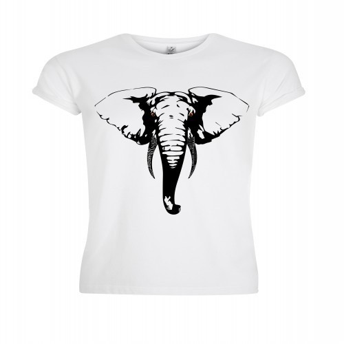 Camiseta masculina de manga curta em algodão com estampa de elefante, branca.