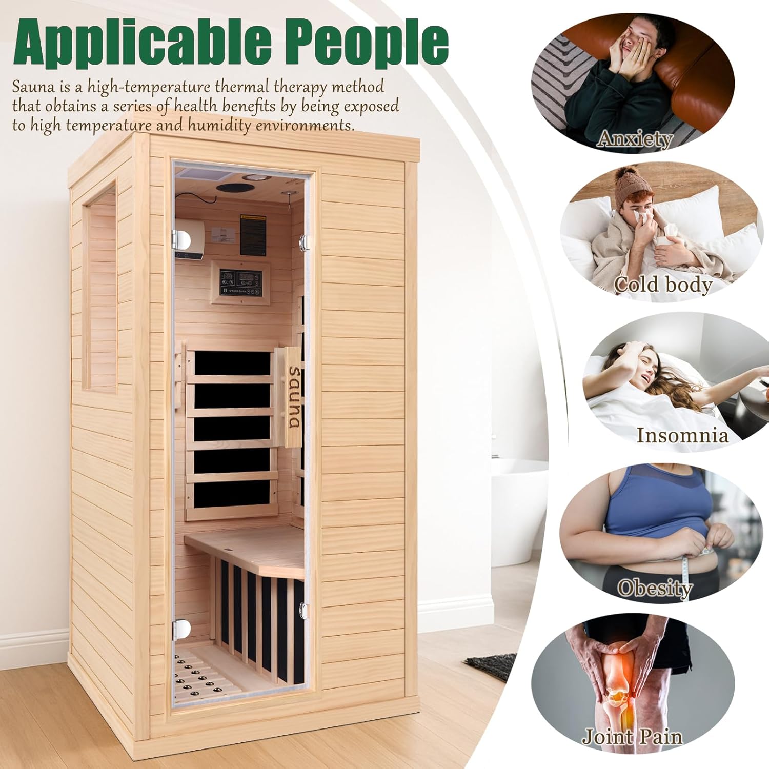 Ferninfrarot-Sauna 1 Person Tannenholz Heimsauna 5 Infrarot-Heizelemente Bluetooth 7-Farben Chromotherapie EMF-arm Seitentür mit Sicherheitsglas