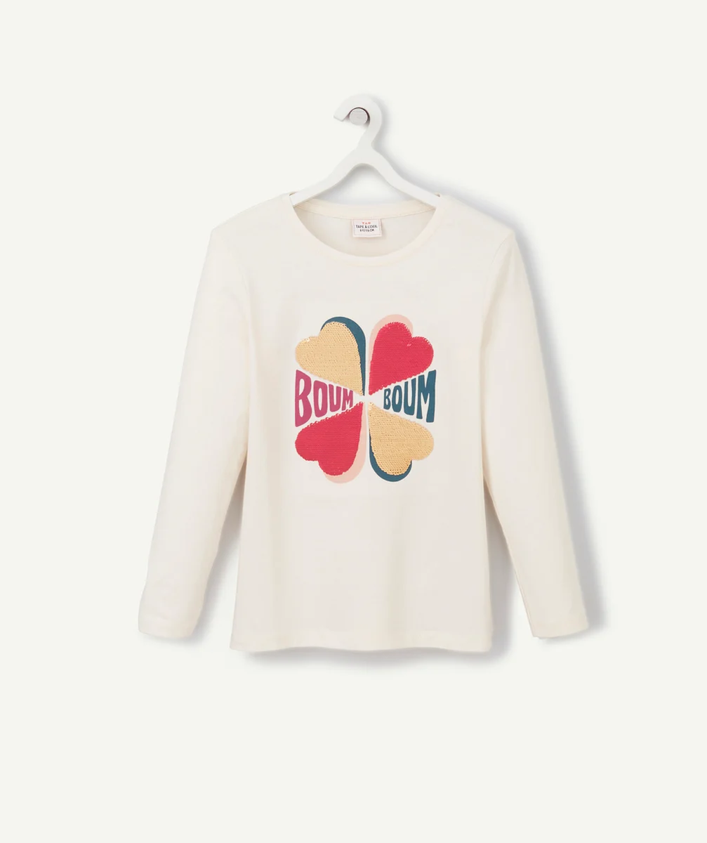 T-SHIRT FILLE EN COTON BIO ÉCRU AVEC FLEUR À SEQUINS RÉVERSIBLES