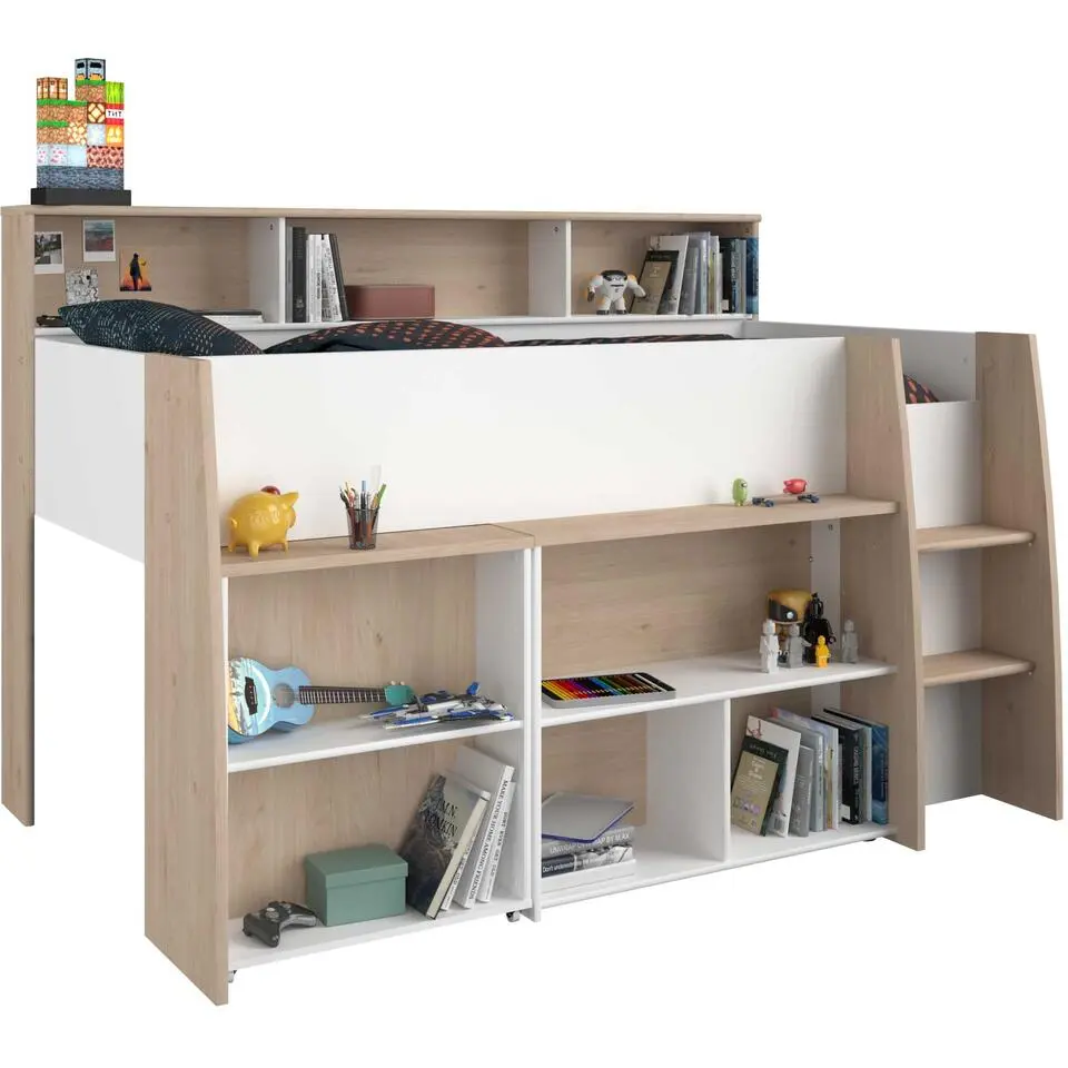 Halfhoogslaper Duffy 90x200cm met bureau - wit / eikdecor