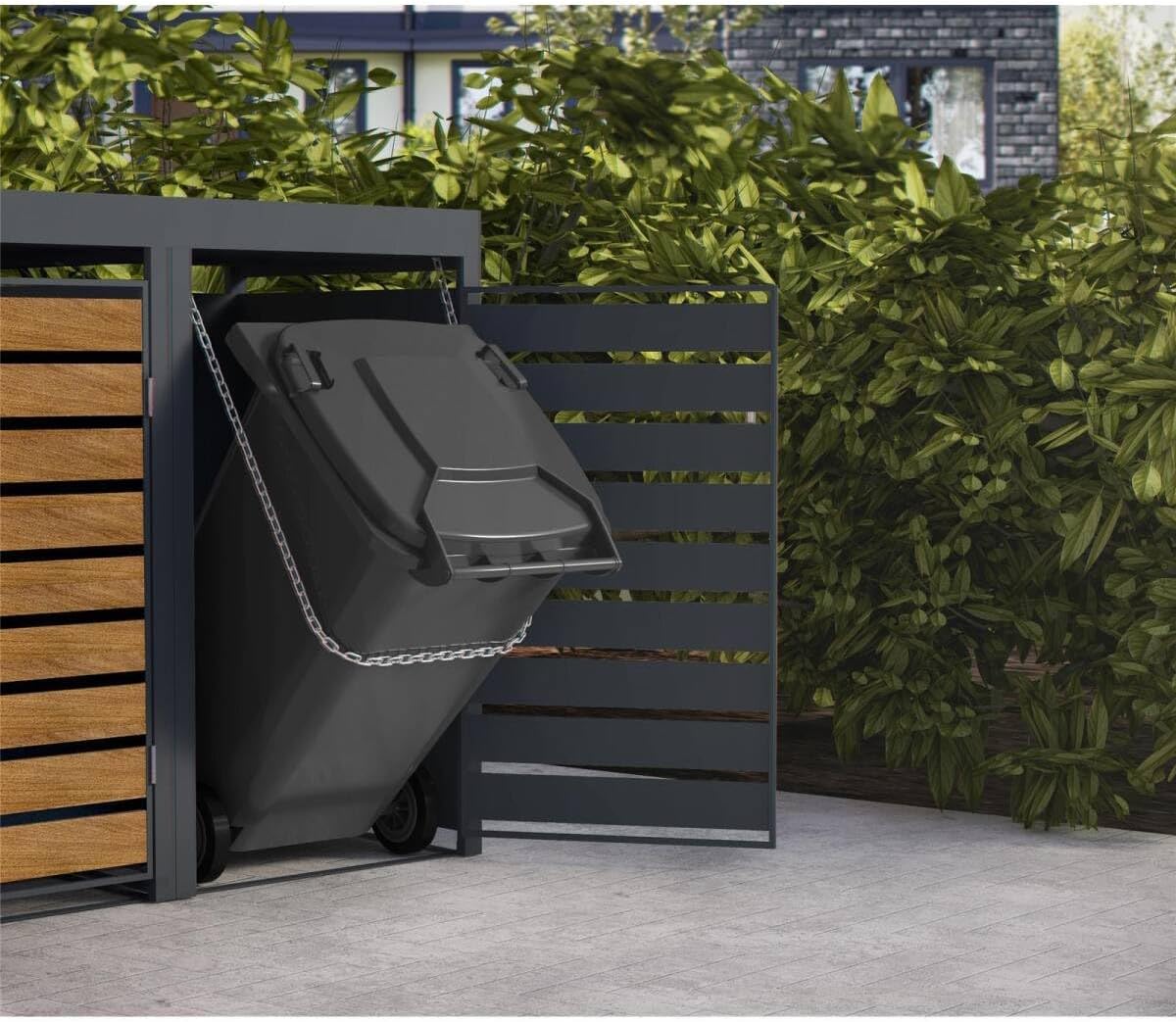 Metzler Mülltonnenbox 4er 240L in Anthrazit & Holzoptik mit Pflanzdach & Sichtstreifen, Mülltonnenverkleidung 4 Tonnen mit Automatikdeckel, Müllbox mit pulverbeschichtetem Stahl rostfrei, abschließbar